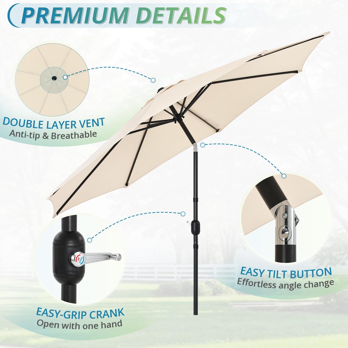 LUE BONA 10FT Patio Umbrella, Waterproof Outdoor Market Umbrella with Easy Crank & Tilt, Patio Table Umbrella for Deck Garden Backyard Pool, Beige