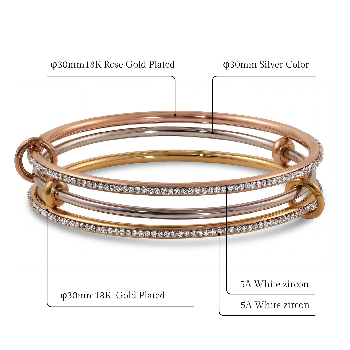 Musishiyu Gold Bracelets for Women Stacking Bangle - 18K Mixed Metal Tri-Color Rolling Interlocking Bands, Cubic Zirconia Fidget Anxiety Jewelry, Perfect Gifts for Mom Wife Grandma