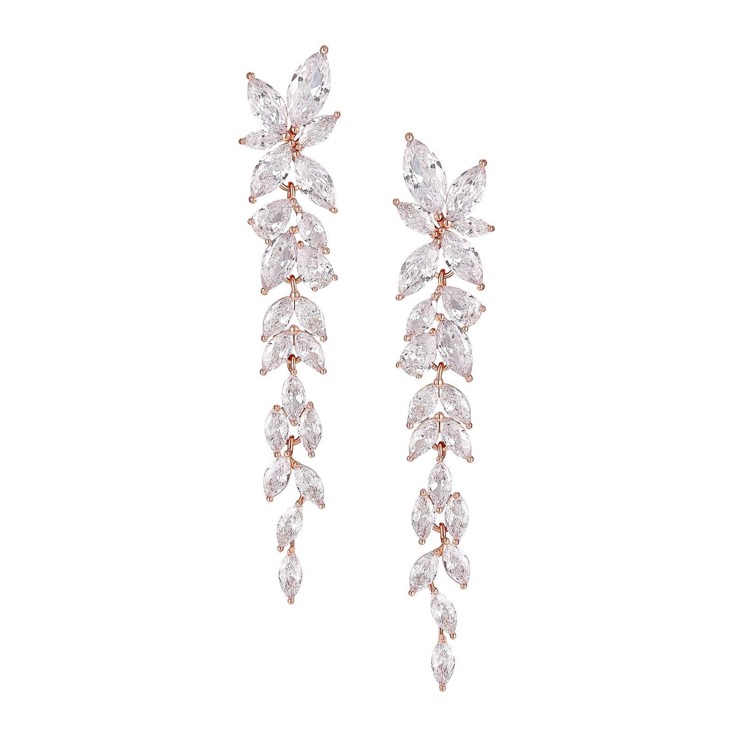 SWEETV Rose Gold Marquise Cubic Zirconia Wedding Earrings for Women Brides, Crystal Chandelier Bridal Drop Earrings for Prom Pageant