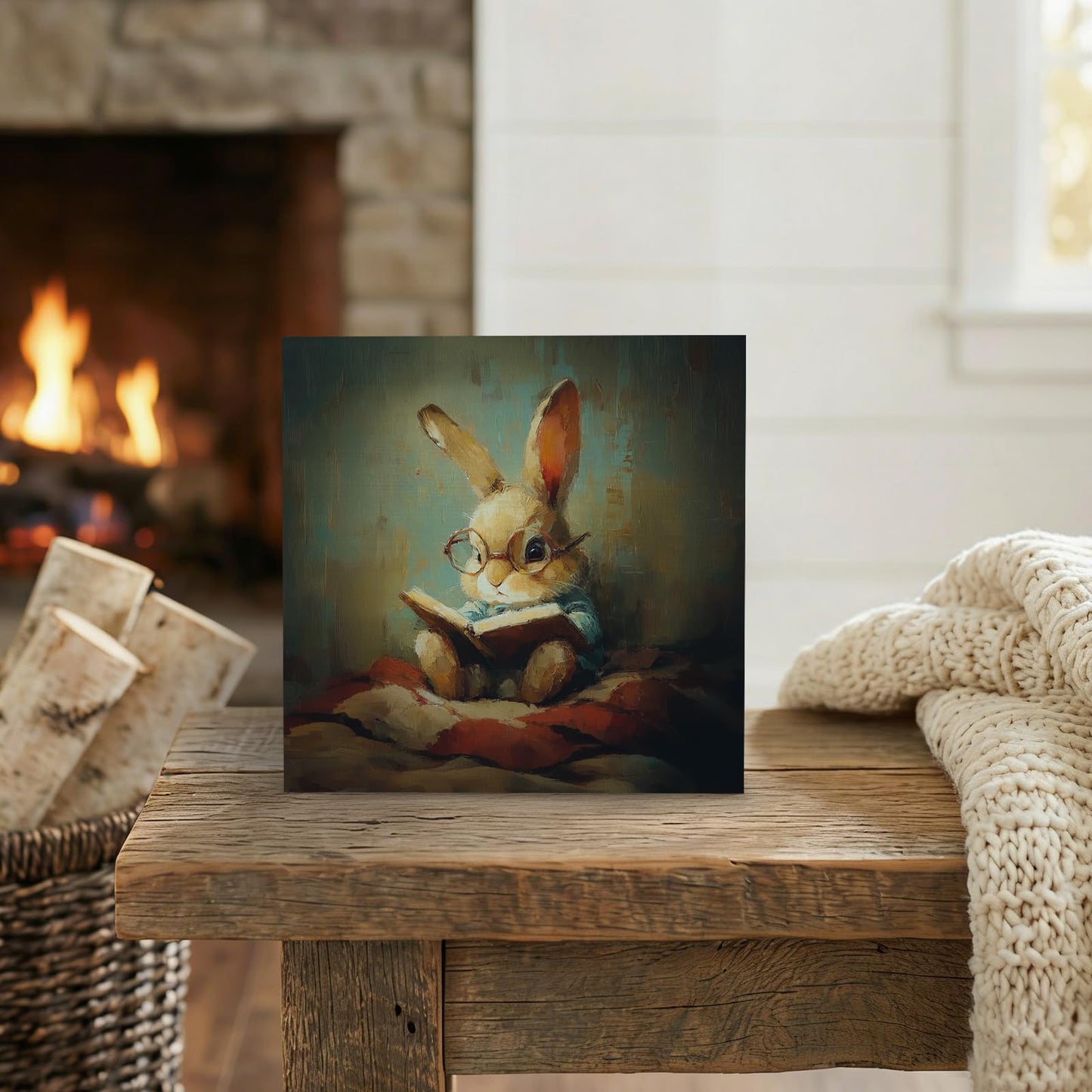 GWOKPAAI Moody Bunny Reading Book Wooden Box Signs Desk Decor, Book Lover Gifts, Moody Rabbit Bookish Wooden Signs Desk Decorations for Reading Room Nook Corner Library Tabletop Shelf Wall, 5x5in
