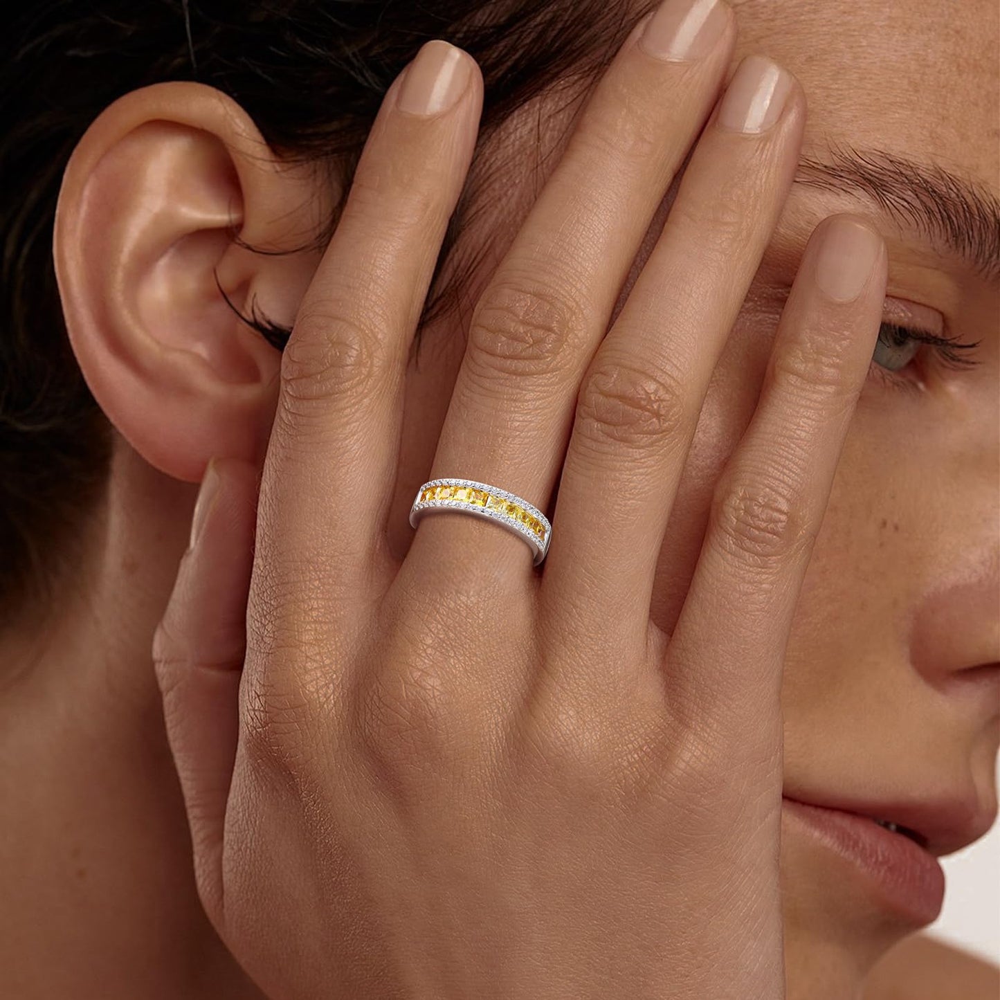 RANDES Citrine Yellow Rings for Women Channel Set Emerald Cut Eternity Band 925 Sterling Silver November Birthstone Rings Size 8