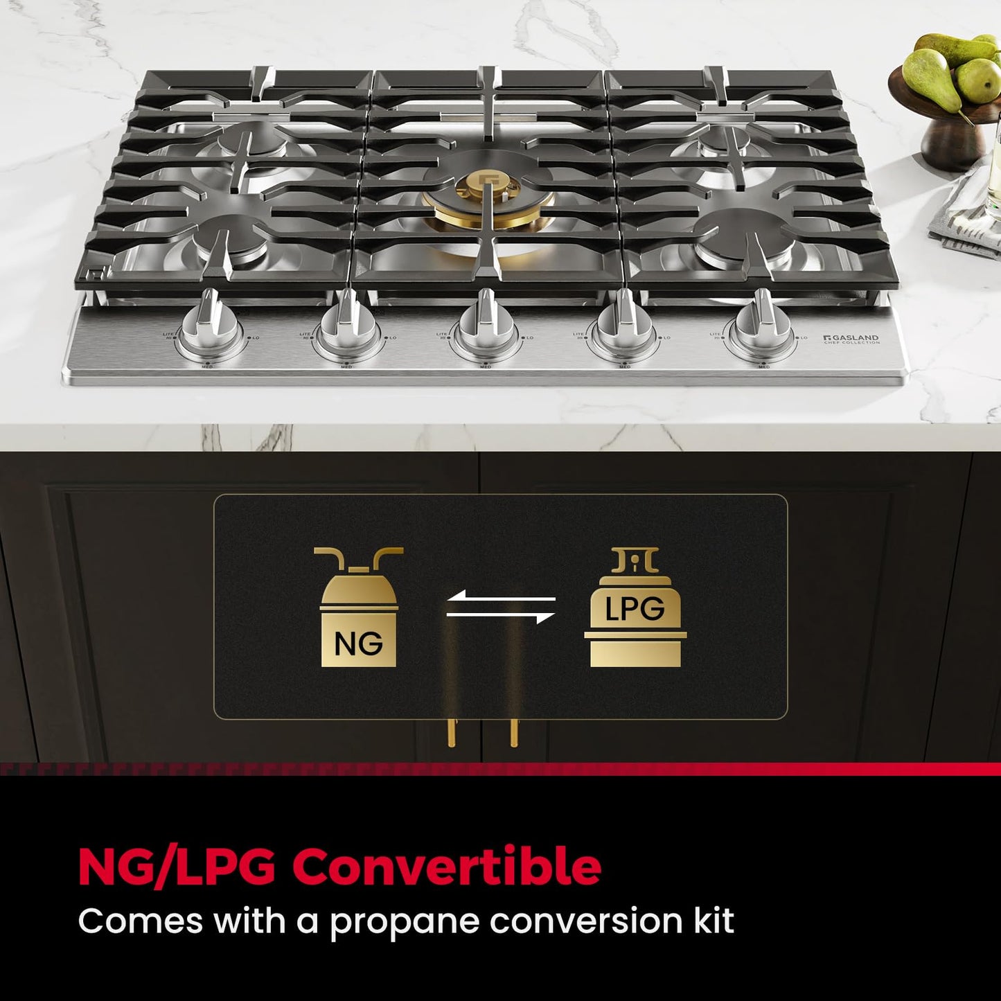 GASLAND Chef Collection 30 Inch Heavy Duty Gas Cooktop, GH4305SF 5 Burner Propane Stovetop with Backlit LED Knobs, Dishwasher Safe Grates, Reversible Cast Iron Grill/Griddle, NG/LPG Convertible