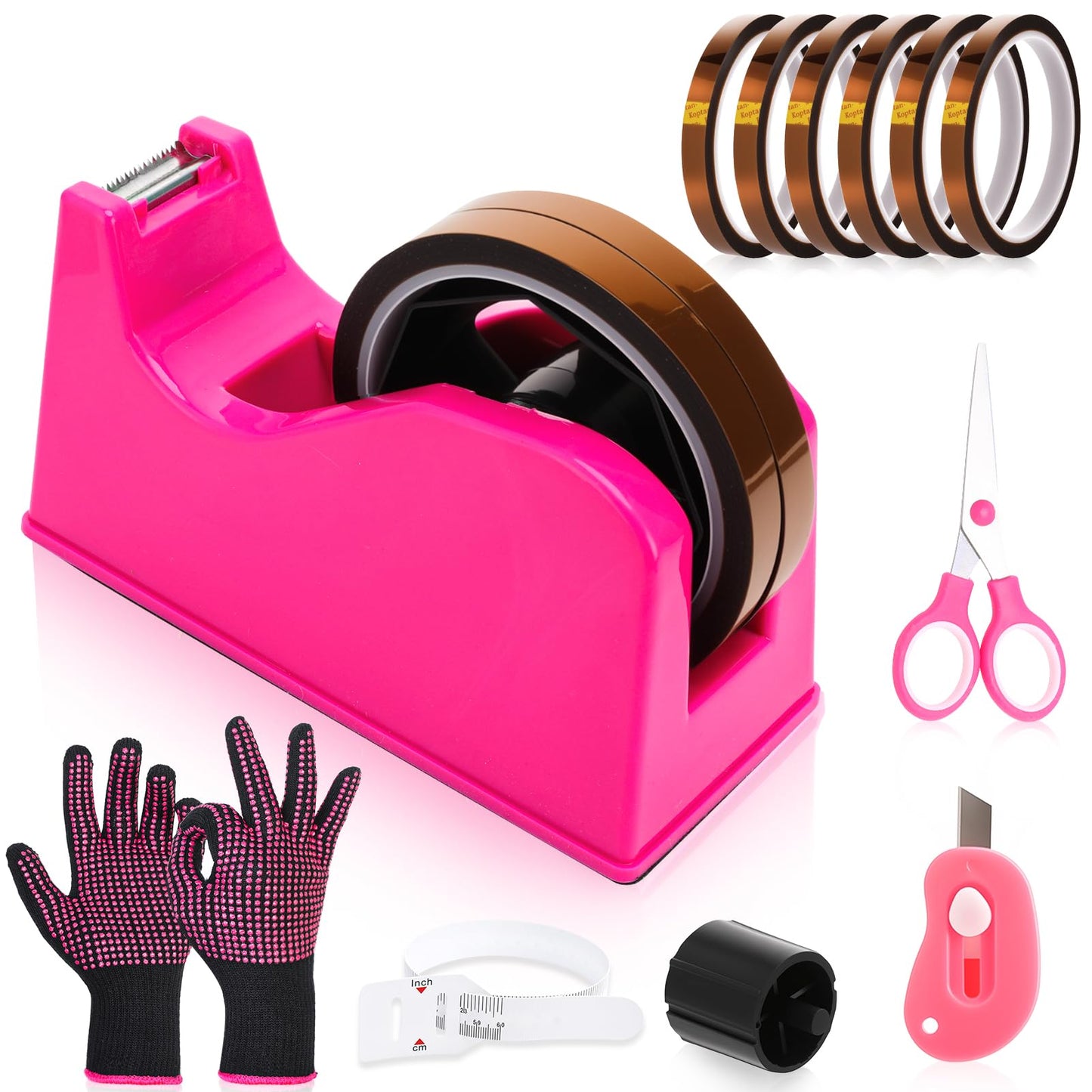 libfrnt 12 Pcs Heat Tape Dispenser Set, Sublimation Tape Dispenser Heat Resistant Gloves with Silicone Bumps 6 Pcs Heat Tape for Sublimation Mini Cutter Measuring Ruler Scissor for Office Home, Pink