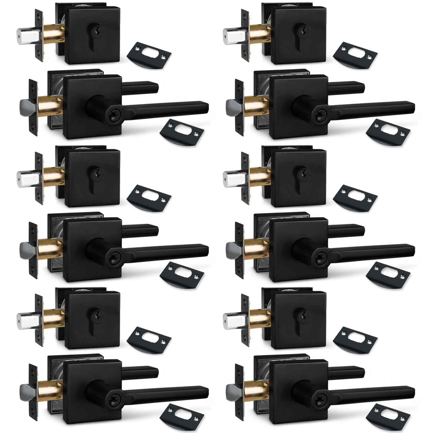 NEWBANG (6Pack Square Heavy Duty Keyed Entry Combo with deadbolt and Lever Door Handle in Matte Black (for Entrance/Exterior/Front/Office Door) Left or Right Handed