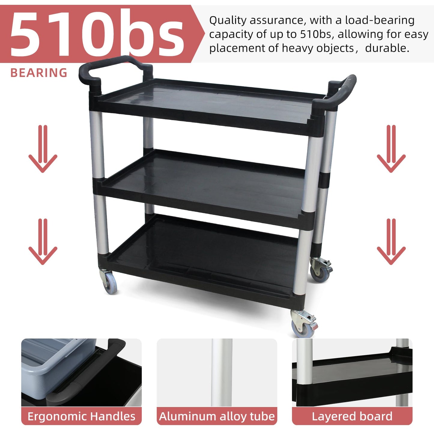 SHUNYILONG Plastic Extra Large Food Cart with Wheels for Business | Heavy Duty Rolling Utility Cart with Wheels (2 Brakes) | 40.5" Dx 19.6" W X 38.1" H 510 lbs Capacity for Kitchen Office Restaurant