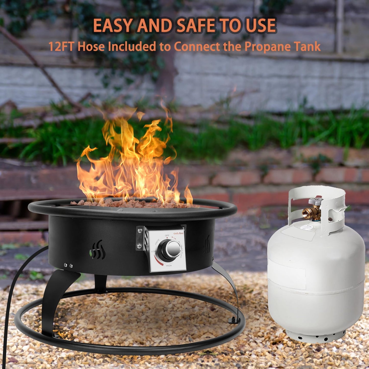 ONLYFIRE OUTDOOR LIVING Propane Gas Fire Pit 22¡±, Portable Smokeless Fireplace with 12Ft Hose & Lava Rocks, FirePit for Patio Backyard Bonfire Camping RV Tailgating Beach Party, 55000BTU, #FP001