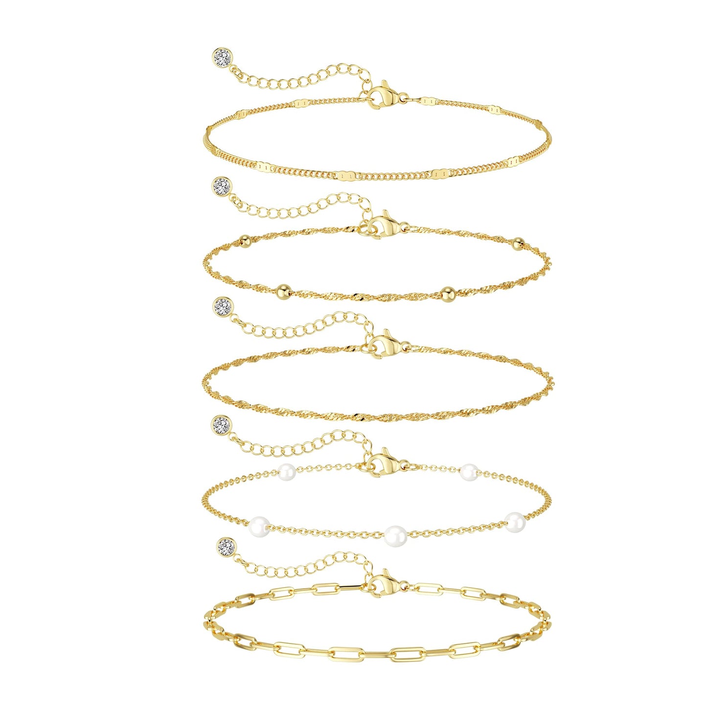 Pearl Bracelets for Women, Dainty 14K Gold Plated Bracelet Stack Thin Mariner Chain Bracelet Set Fashion Waterproof Minimalist Jewelry Link Bracelets Cute Bracelets for Women Trendy