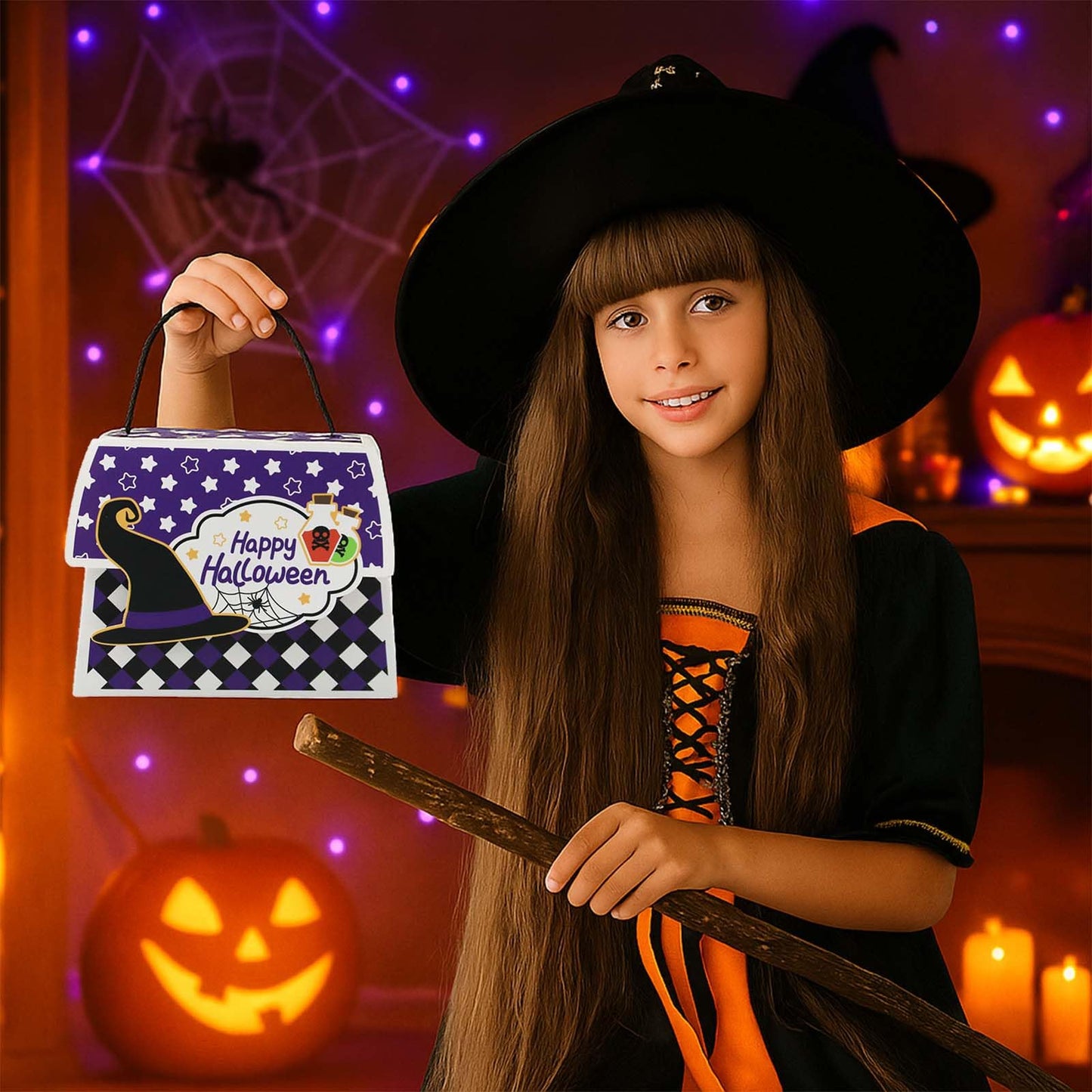 Halloween Treat Boxes with Handles, 4 Pack Trick or Treat Candy Bags for Kids, Pumpkin Ghost Witch Party Favor Gift Boxes for Halloween Party Supplies(20pcs)