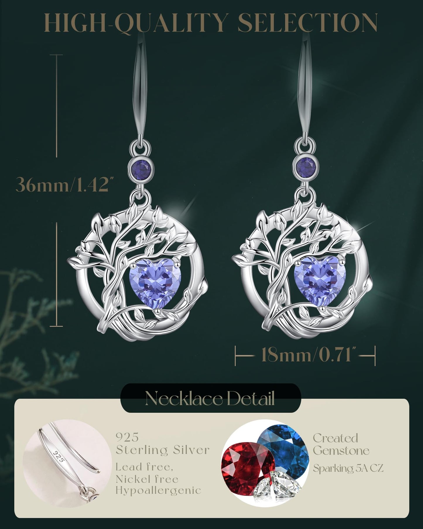 FANCIME Tree of Life Earrings 925 Sterling Silver Tanzanite Dangle Drop Gemstone Earring December Birthstone Fine Jewelry Birthday Mothers Day Gifts for Mom Her Women