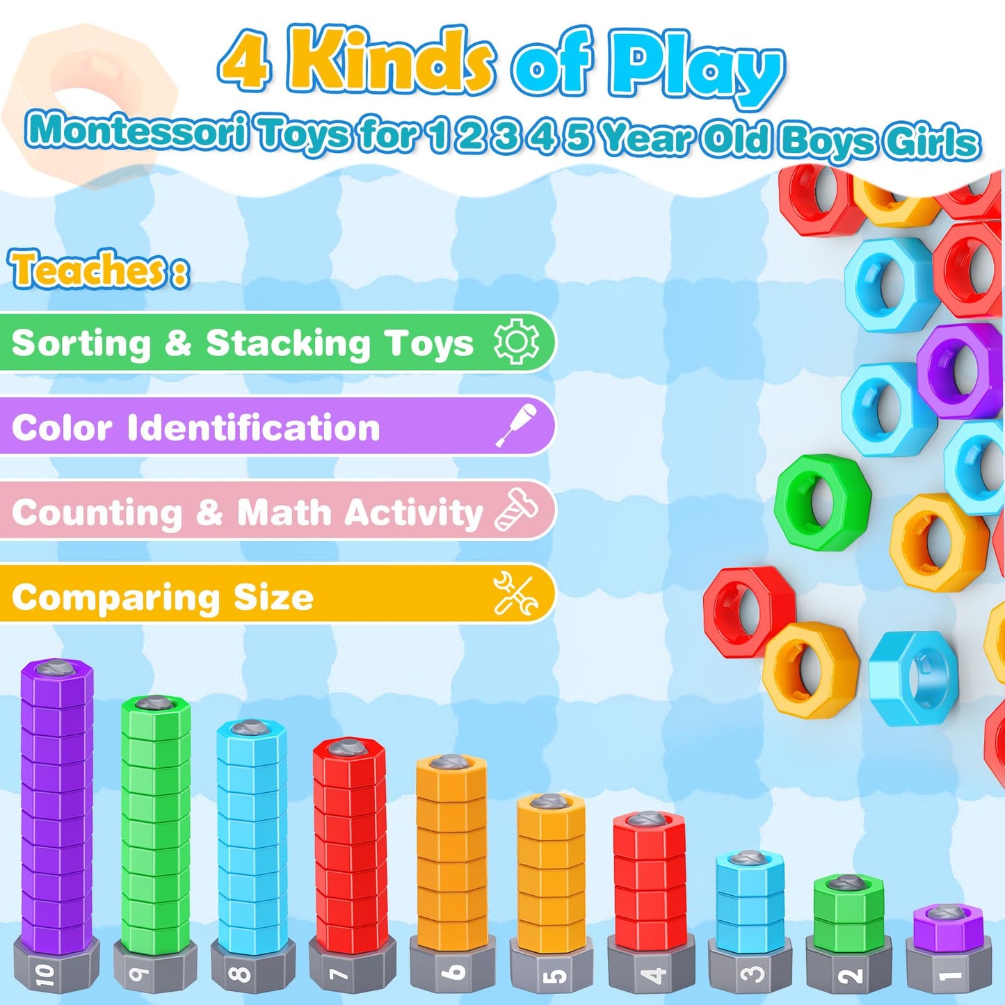 2-in-1 Montessori Counting & Stacking Toys for Toddlers Ages 1-5 Autism Sensory Toys for Kids Preschool Educational Spinning Learning Games Birthday Xmas Gifts for Boys Girls 1-5 Year Old