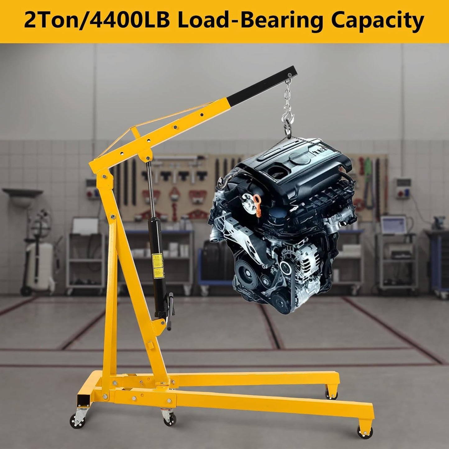 Towallmark 2 Ton Engine Hoist, Folding Cherry Picker Engine Hoist with Lever and 6 Casters, Heavy Duty Hydraulic Shop Crane, Engine Crane Lifter for Garage Workshop, Yellow