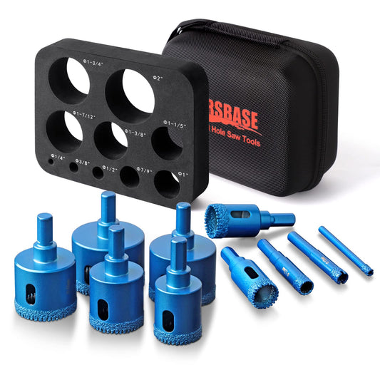 MARSBASE Diamond Hole Saw Tile Drill Bits Kit, 10 PCS Serrated Brazing Tile Core Drill Bits Sets with EVA Hole Saw Guide Jig Hollow Drill Hole Saw for Ceramic, Glass,Tile,Gypsum,Wood Marble,Granite