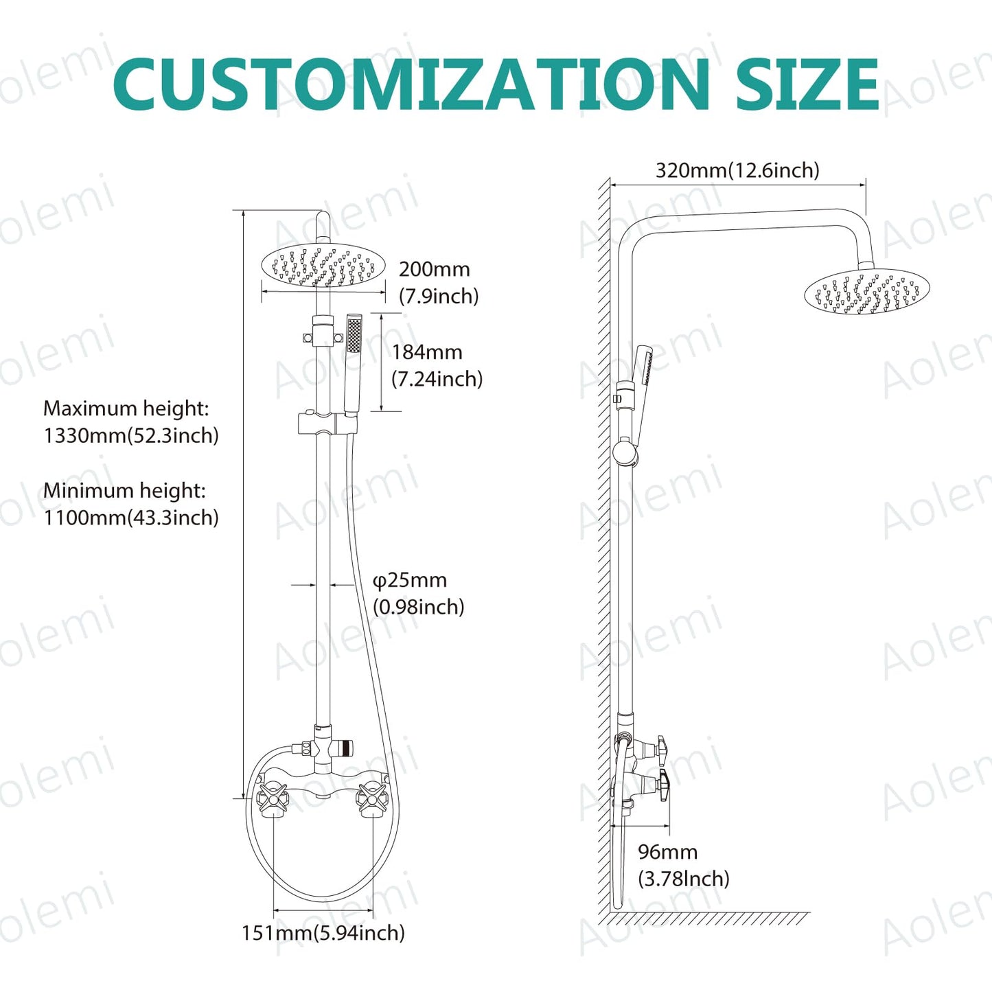 Aolemi Outdoor Shower Kit Outdoor Shower Fixtures Faucet System 2 Handle with 8 Inch Rainfall Shower Head and Handheld Sprayer Exposed Shower with Adjustable Height Shower Pipe Matte Black