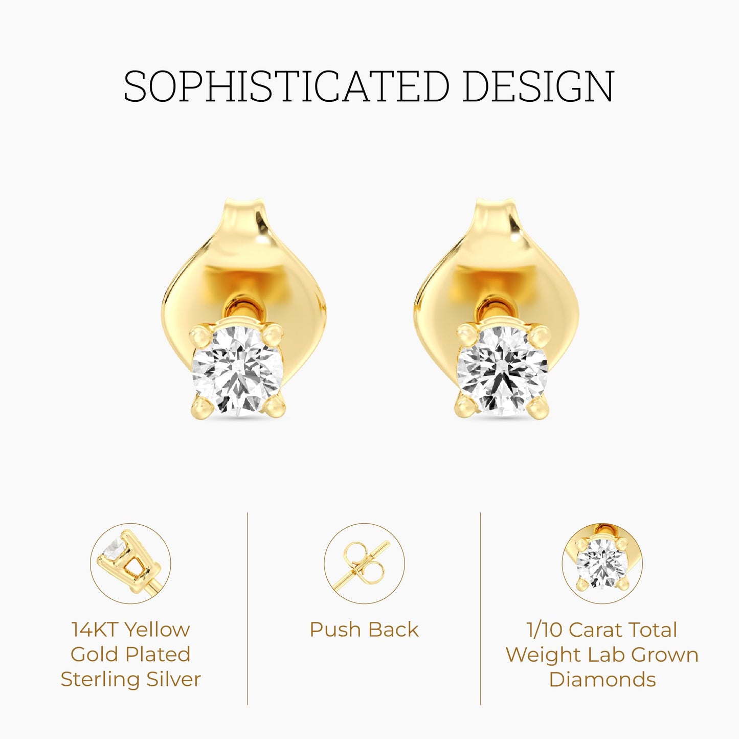 Gilded 1/10 Carat Total Weight Lab-Grown Diamond 14KT Gold Plated Silver Stud Earrings for Women| Hypoallergenic Fine Jewelry | 4-Prong Basket, Push Back Nut | SI1 Clarity, F Color, Round Cut