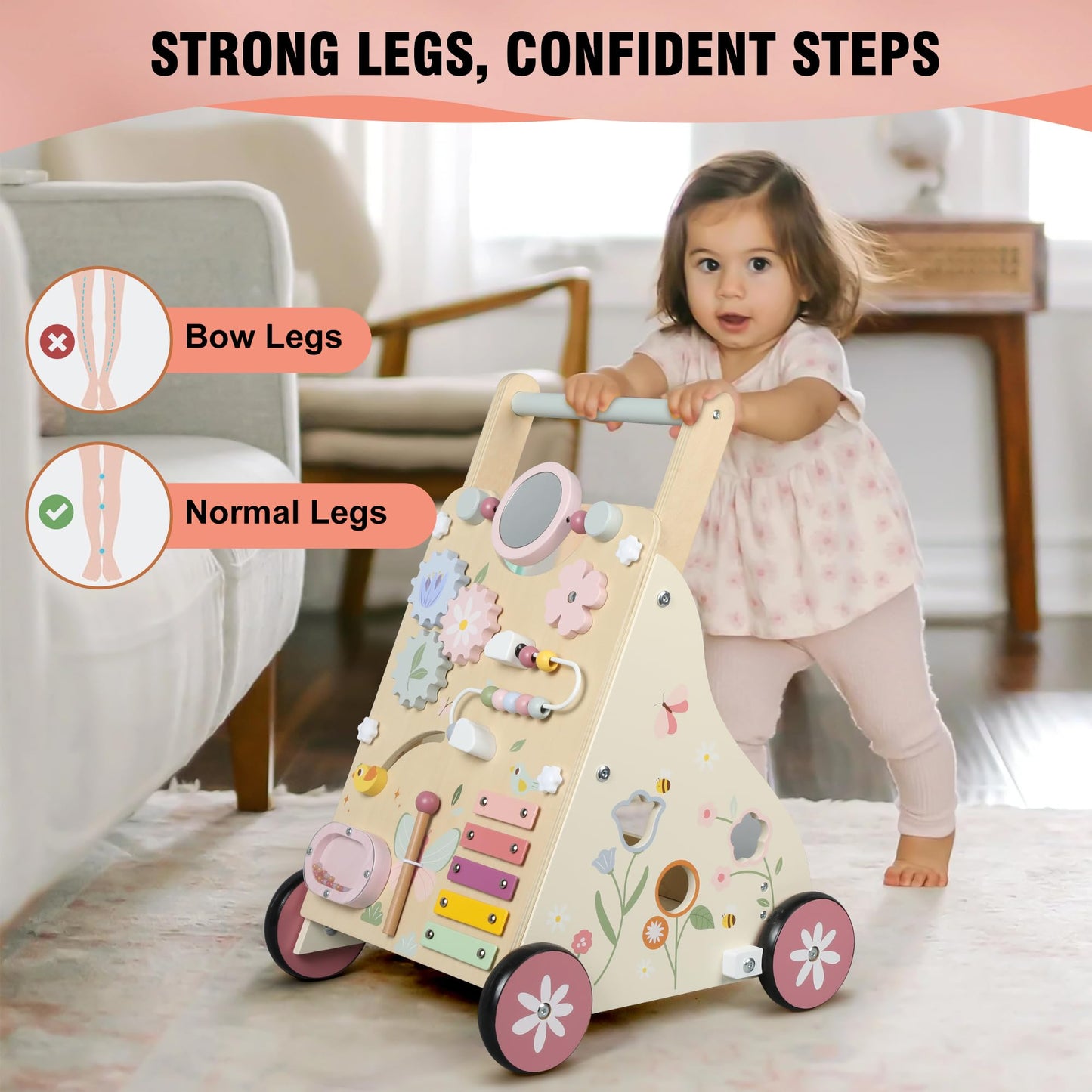 Pithfor Wooden Baby Walker, Baby Push Walker, Push Walker Toys for Babies Learning to Walk & Sit-to-Stand, with Montessori Sensory Toy & Activity Center for Girls Boys