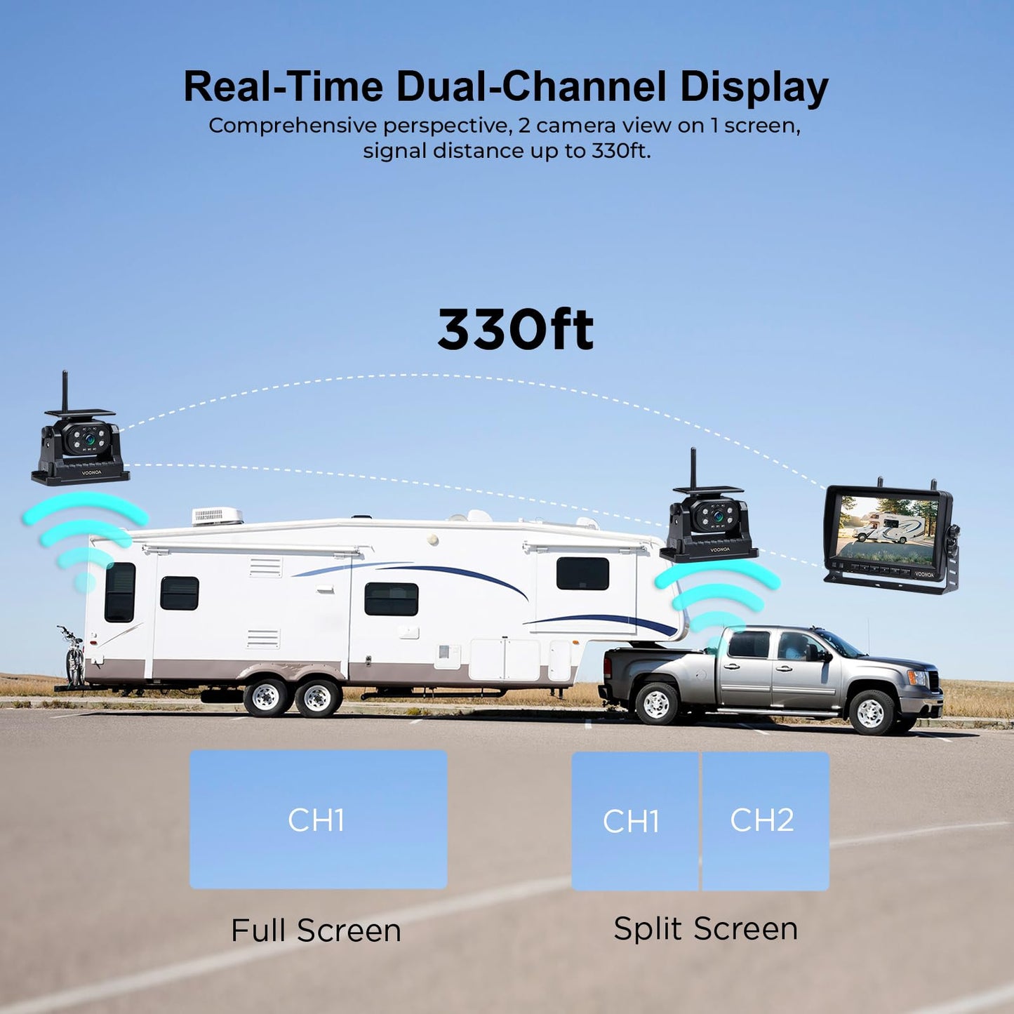 VOONOA 2 Magnetic Wireless Backup Camera with 7'' HD 1080P DVR Monitor System, 15000mAh Rechargeable Waterproof Dual Solar Reverse Camera for Hitch Towing Car Trailer Truck RV VN007