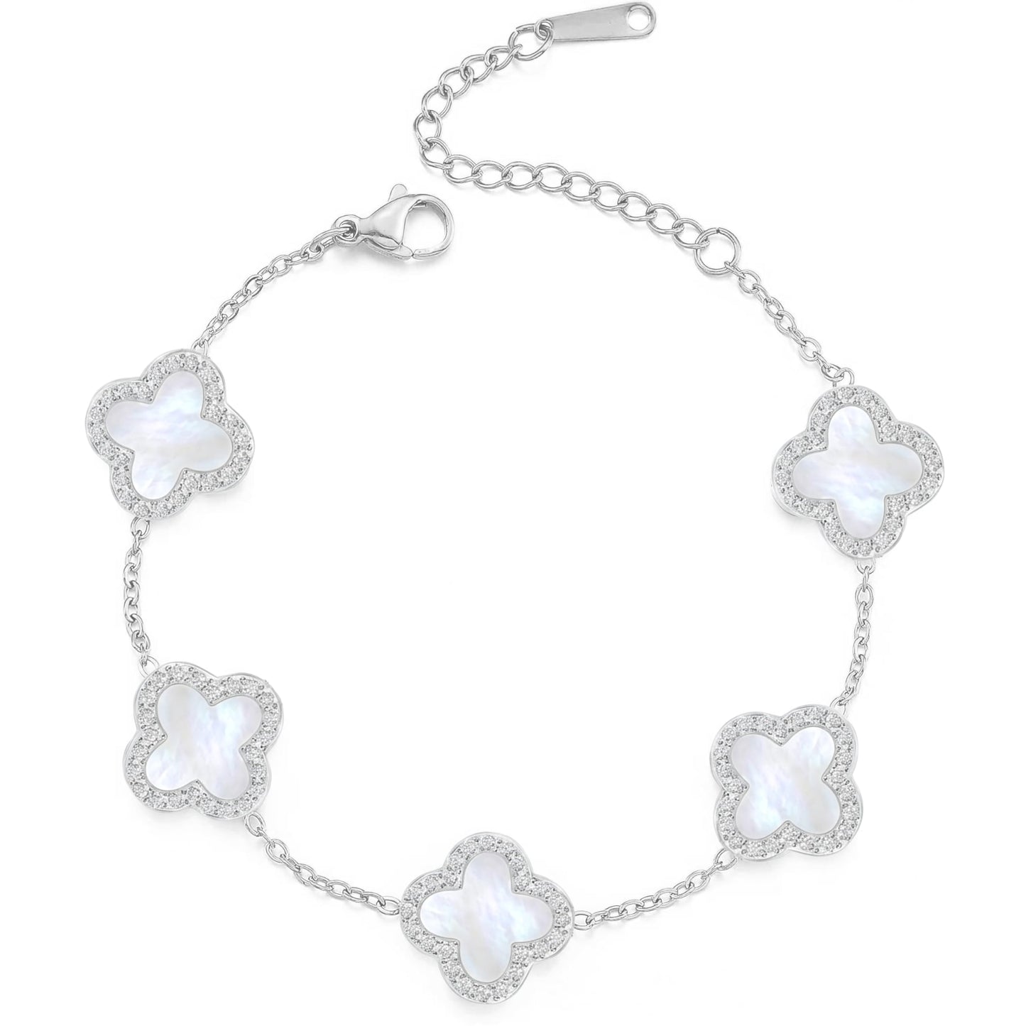 SHINYY Four Leaf Clover Bracelet for Women | 18K Gold Plated Cubic Zirconia Link Bracelet | 4 Leaf Lucky Jewelry Gift for Her (White Silver)