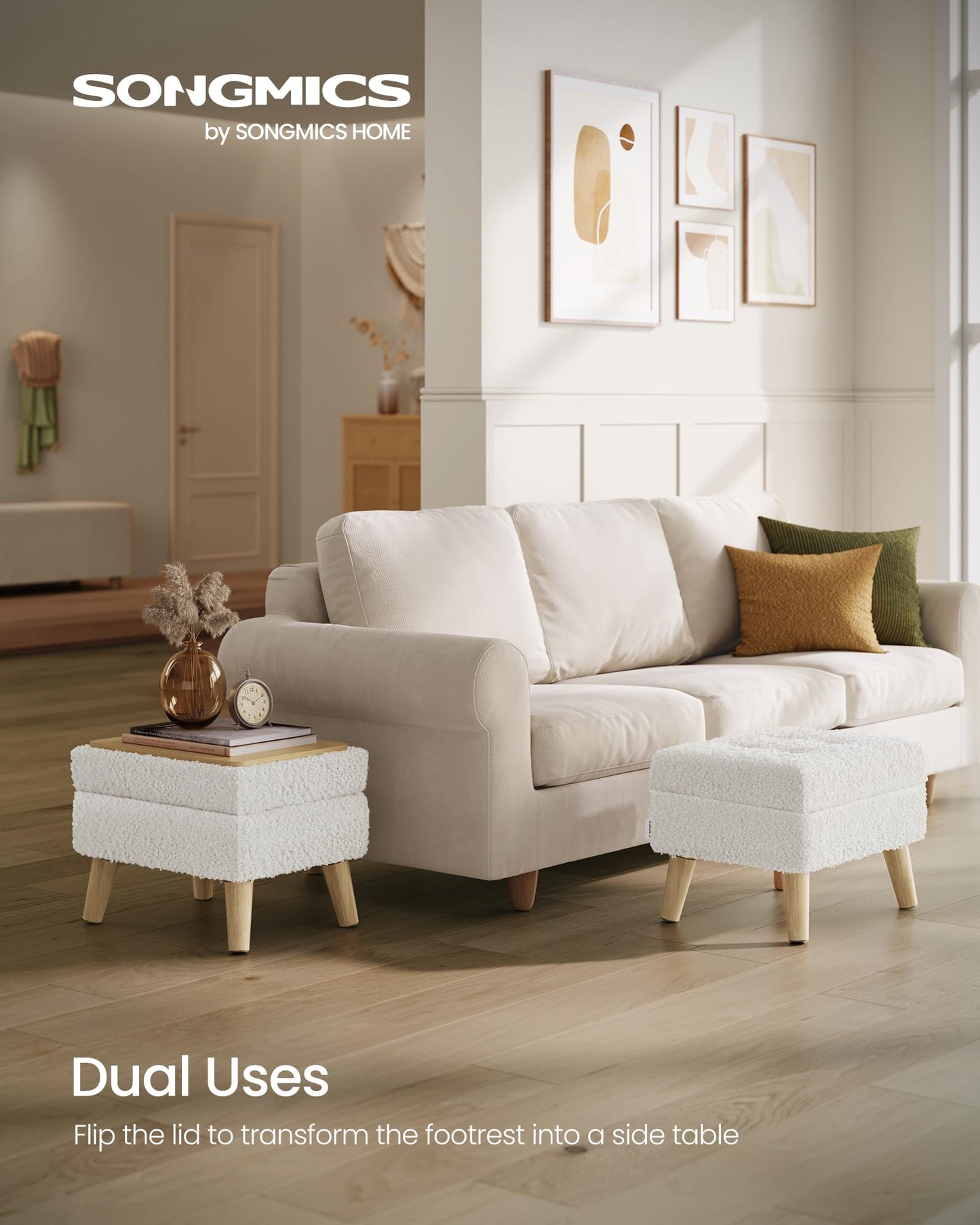 SONGMICS Storage Ottoman, Foot Stool, Ottoman with Padded Seat, Foot Rest with Wood Legs, Small Table, for Hallway, Living Room, 11.8 x 15.7 x 11.4 Inches, Teddy Fleece, Cream White ULOM518WD01
