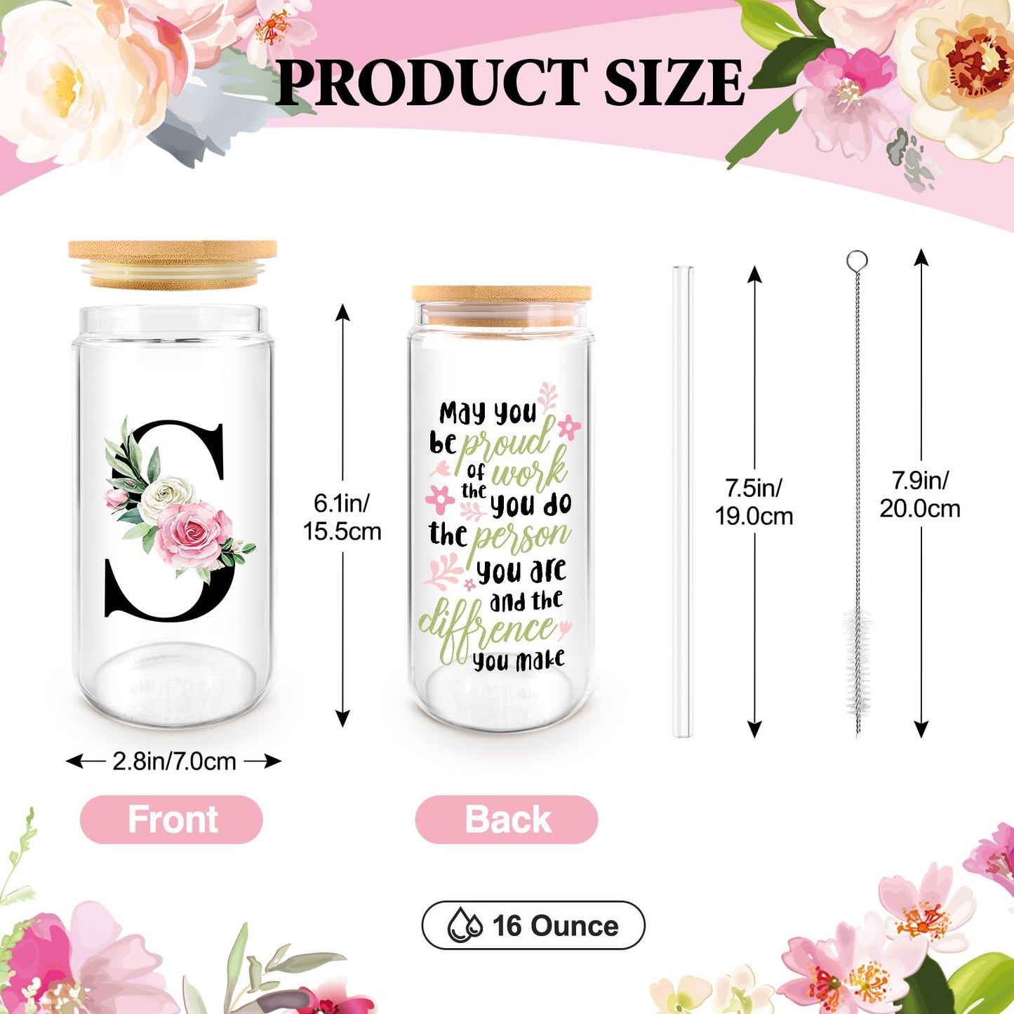 WINOWIMO Initial Glass Cups with Lids and Straws, Personalized Gifts for Women, Iced Coffee Cup Glass Tumbler, Birthday Bridesmaid Proposal Inspirational Customized Gifts for Her Girls (S)