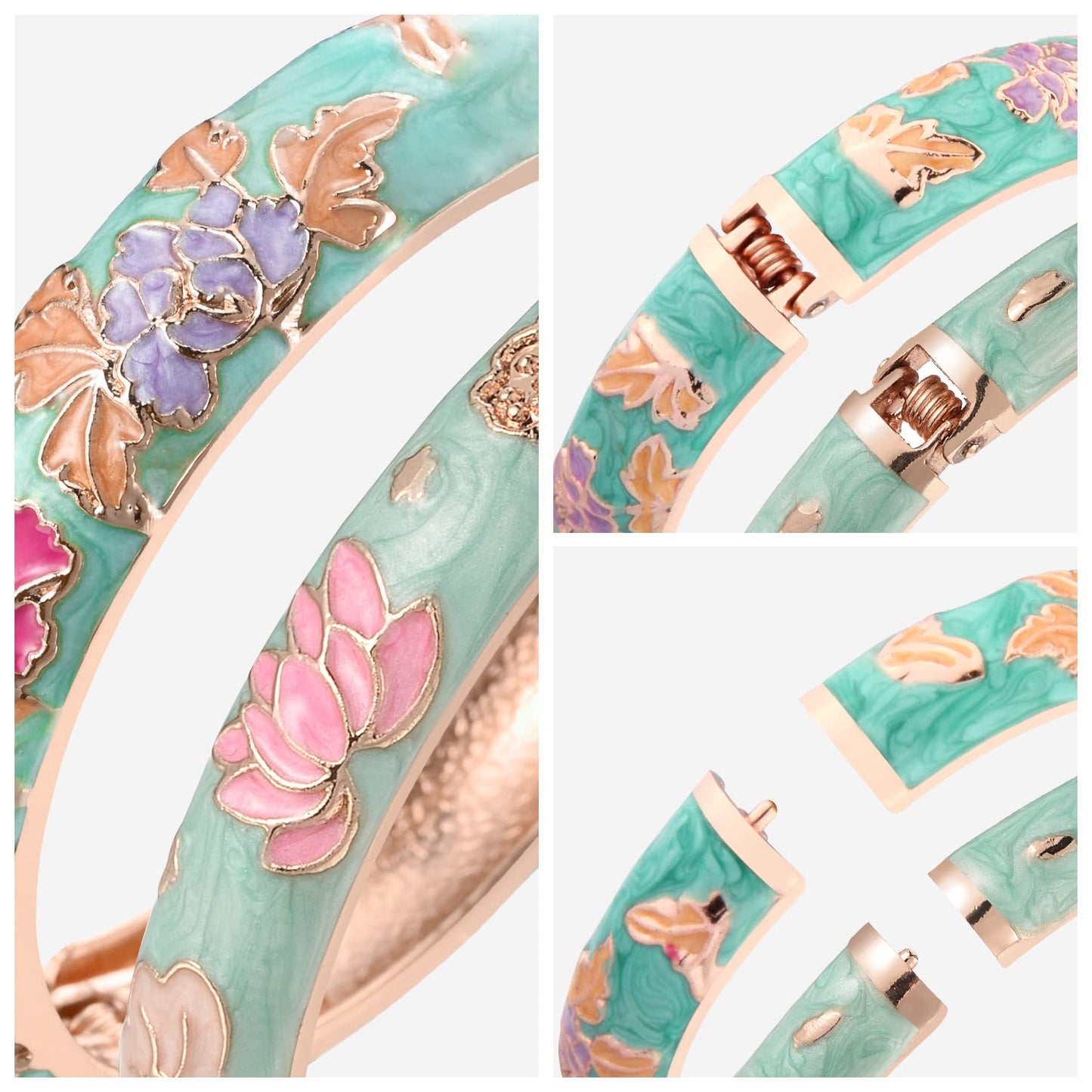 UJOY Cloisonne Bangles Gorgeous National Floral Panda Set Enameled Gold Plated Handcrafted Bracelets Jewelry Gifts 55C48 Light Green