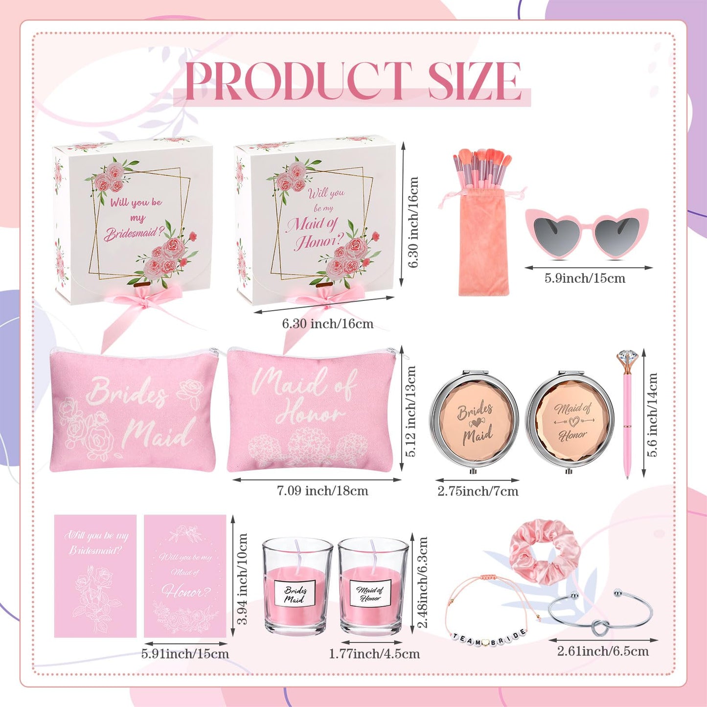 Nuogo 88 Pcs 8 Sets Bridesmaid Proposal Gift Wedding Bridesmaid Box Set Maid of Honor Gift Include Box Candle Invited Cards Scrunchies Hair Elastics Ties Knotted Bracelets Diamond Pens(Pink,Fresh)