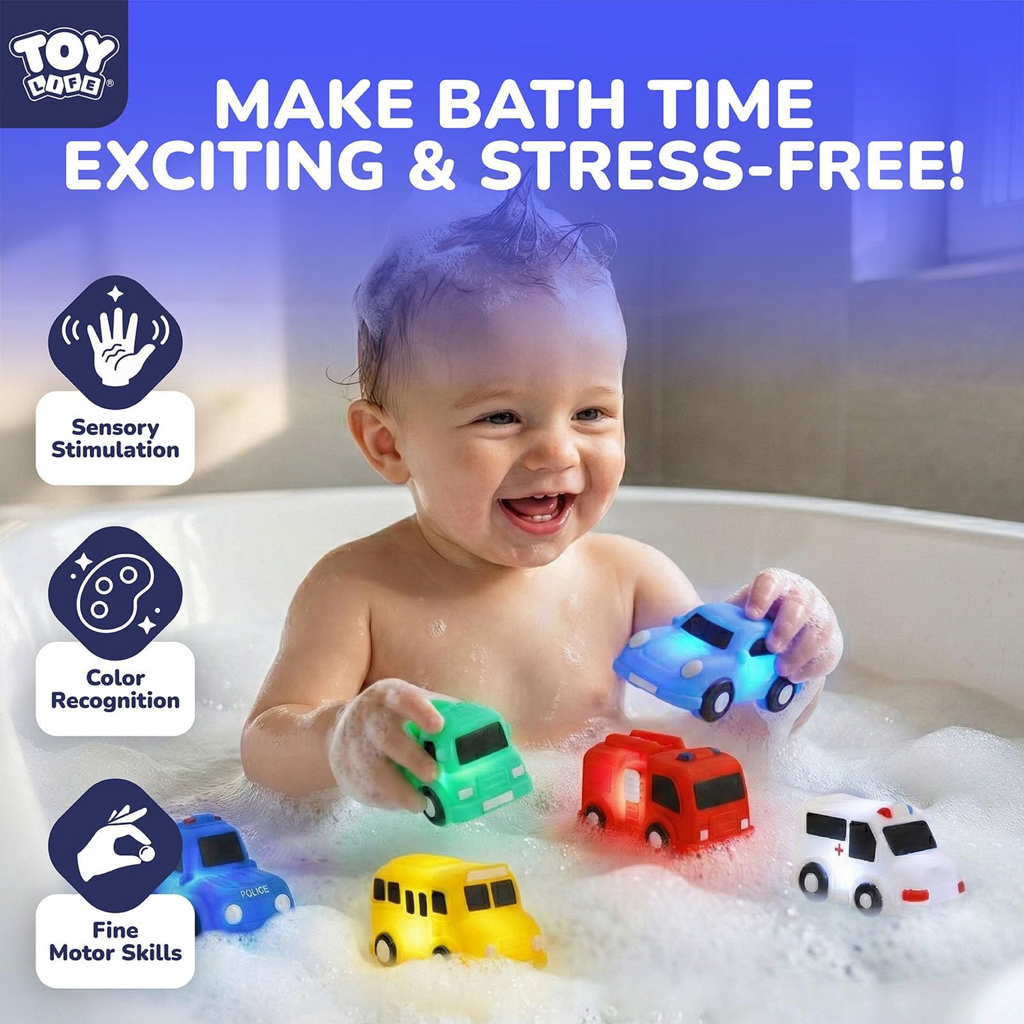 TOY Life 6 PCS Cars Light Up Bath Toys for Kids Ages 4-8, No Hole Glow Bath Toys for Kids, Baby Toddler Bath-Time, Easter Basket Stuffers Gifts for Kids Boys Girls, Ideal for Shower, Bathtub, Pool