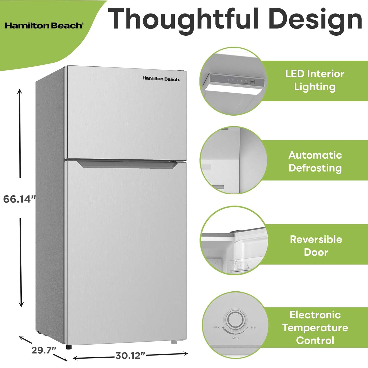 HAMILTON BEACH, Frost Free Top Mount 2 Door Apartment Size Refrigerator with Freezer, STAINLESS, 18 CU FT