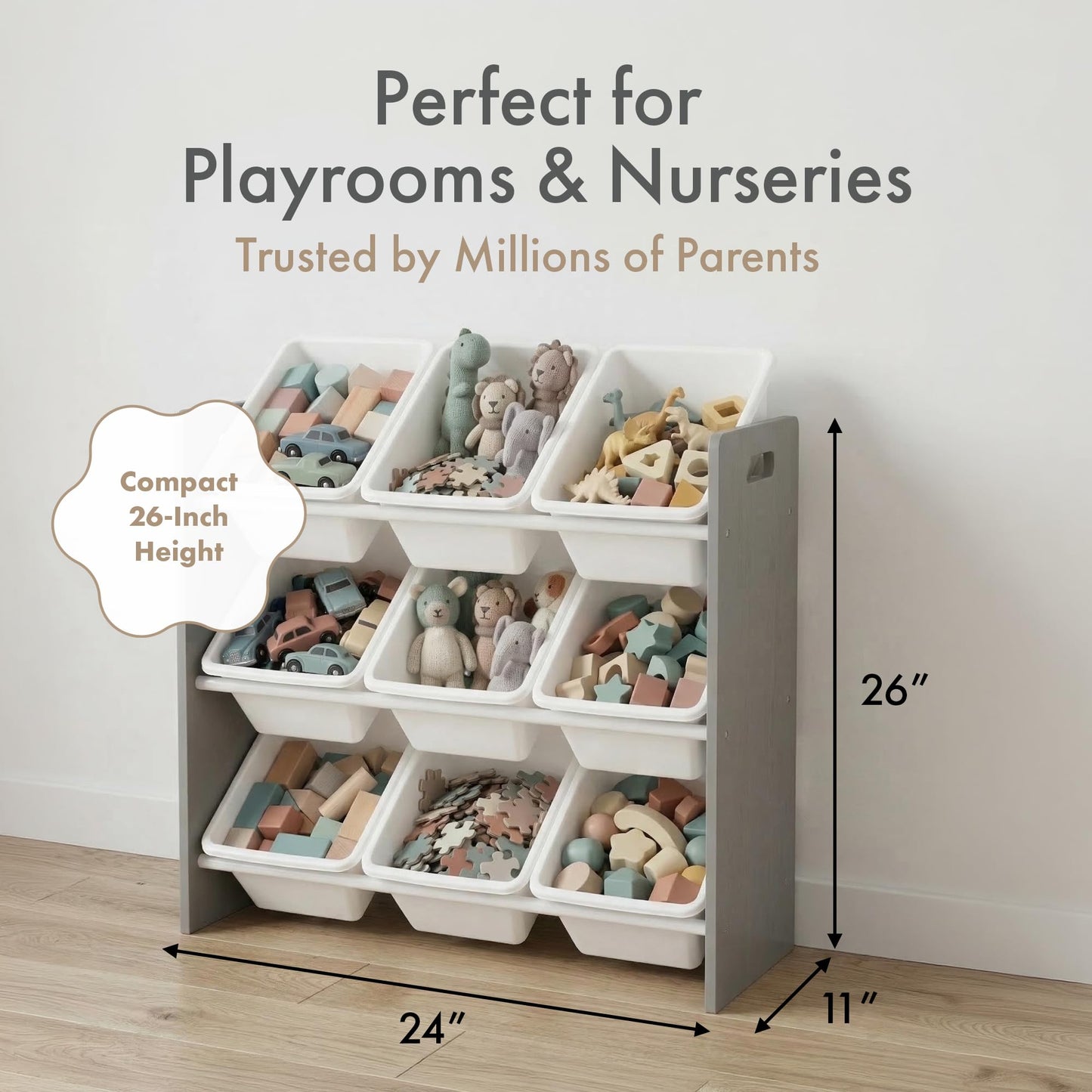 Humble Crew Toy Storage Organizer with 9 Removable Storage Bins for Kids Playroom, 3-Tier Toddler Toy Organization and Storage, Grey/White