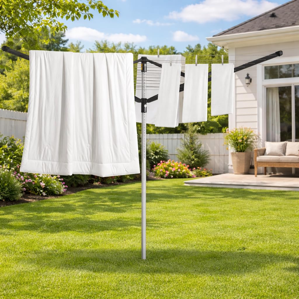 Suptinwear Outdoor Rotary Clothesline with Ground Spike, 4 Arm Umbrella Clothes Drying Rack, 12-Line 196 ft Large Laundry Drying Line, Adjustable Height Outdoor Clothesline for Backyard Patio Garden