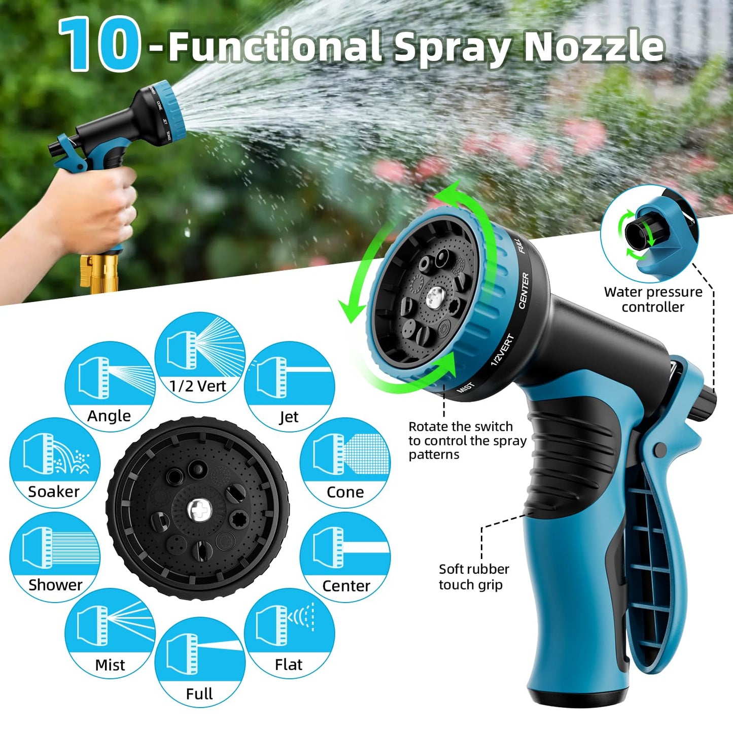 Garden Hose, Non-Expandable Water Hose 100ft, Flexible, Kink & Leak Proof Water Pipe with 10-Function Spray Nozzle, Lightweight Outdoor Hose for Yard, Lawn, Car Wash, RV and Home Use