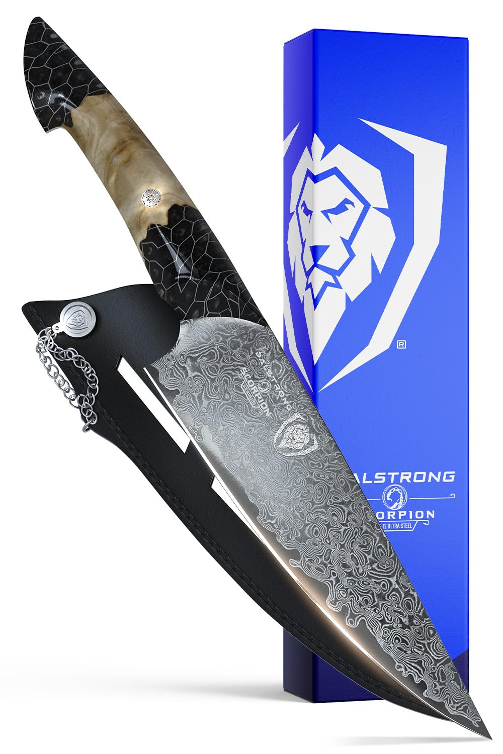 Dalstrong Chef Knife Professional- 8”-Scorpion Series - Venom Edition - Japanese Steel Chef Knife - Spiral Sandstorm Blade Pattern - Black Honeycomb Resin Handle - w/Chef Knife Leather Sheath