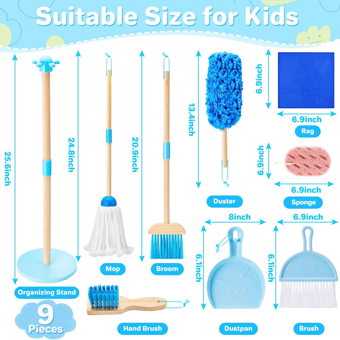 WHOHOLL 9 Pcs Wooden Kids Cleaning Toy Set, Cleaning Toys for Toddlers 3-6, Housekeeping Play Set Includes Broom Mop Duster Dustpan Sponge and Organizing Stand, Christmas Birthday Gifts for Boys Girls