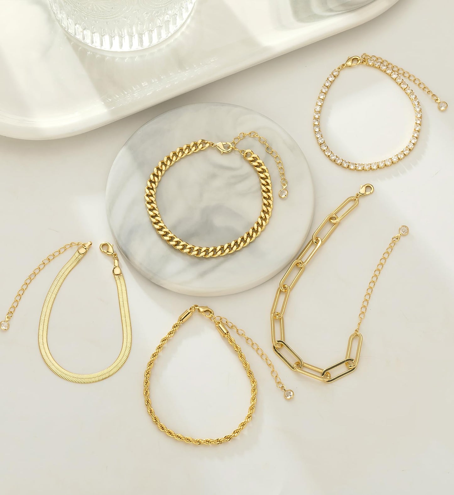 Gold Bracelets for Women 14K Gold Plated Stack Trend Bracelets Charm Paperclip Chain Cuban Link Layered Waterproof Bracelet Dainty Bracelet for Women Jewelry Gifts (5Pcs Gold)