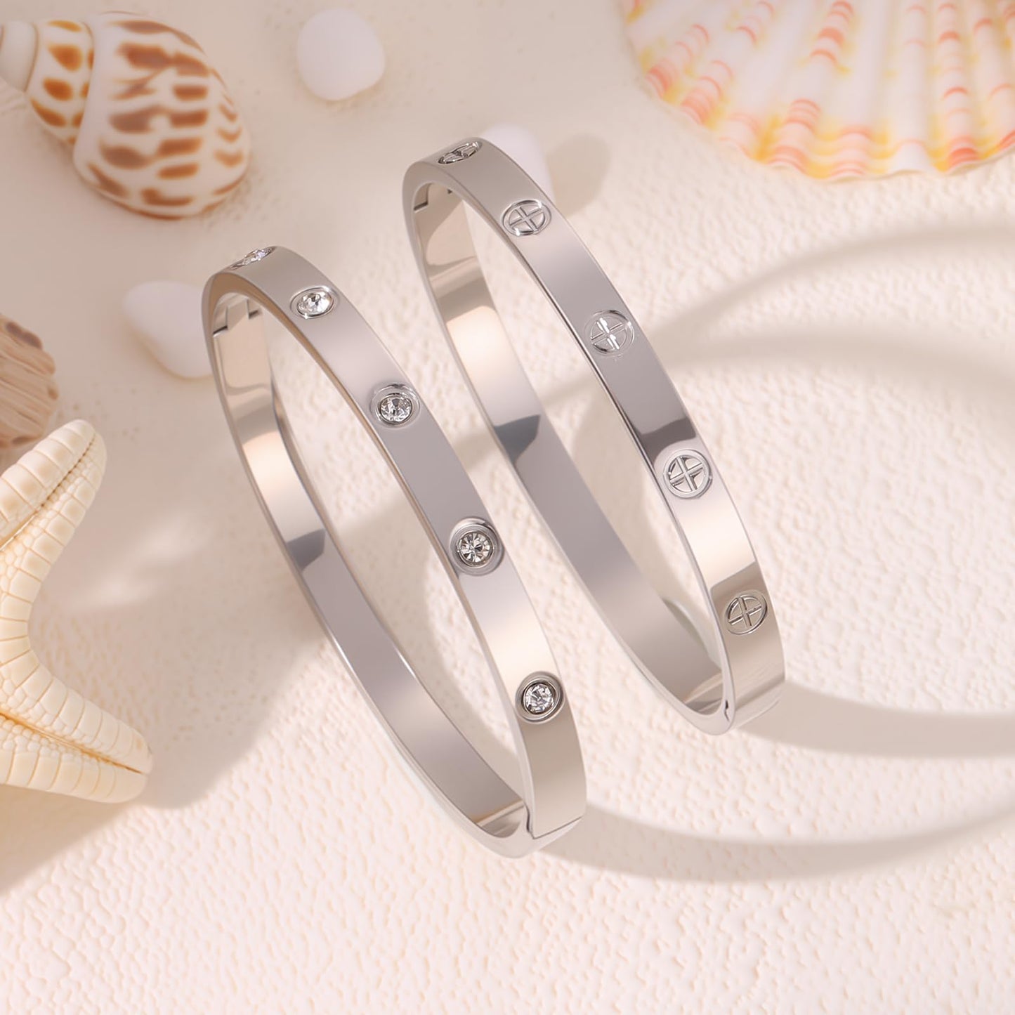 Camhanno 18K Gold Plated Stainless Steel Cuff Bracelet & Love Friendship Screw Bangle Bracelet Set for Women with Gift Box (2Pcs Silver Set Style 3)