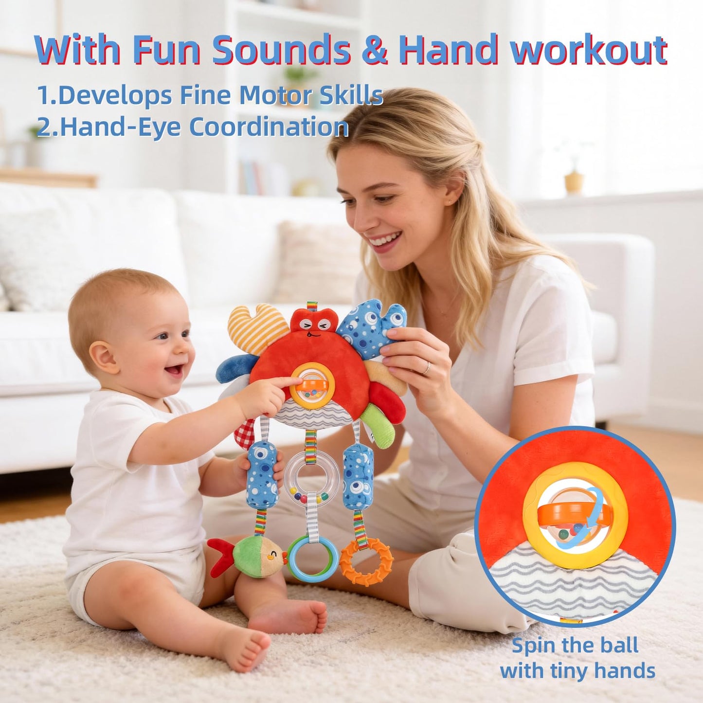 Baby Car Seat Toys with Clip- Travel Sensory Toys for 6 7 8 9 10 11 12 Months, Infant Roadtrip Soft Montessori Hanging Plush Toys Wind Chime, Teether, Rattle, Squeaky for Newborn Boy Girl Gifts