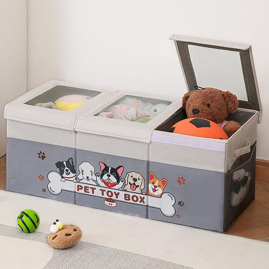 Garlloupath Dustproof Dog Toy Box With Transparent Lid, 3 Grids Dog Toy Bin, Extra Large Storage Holder Container, Foldable Chest