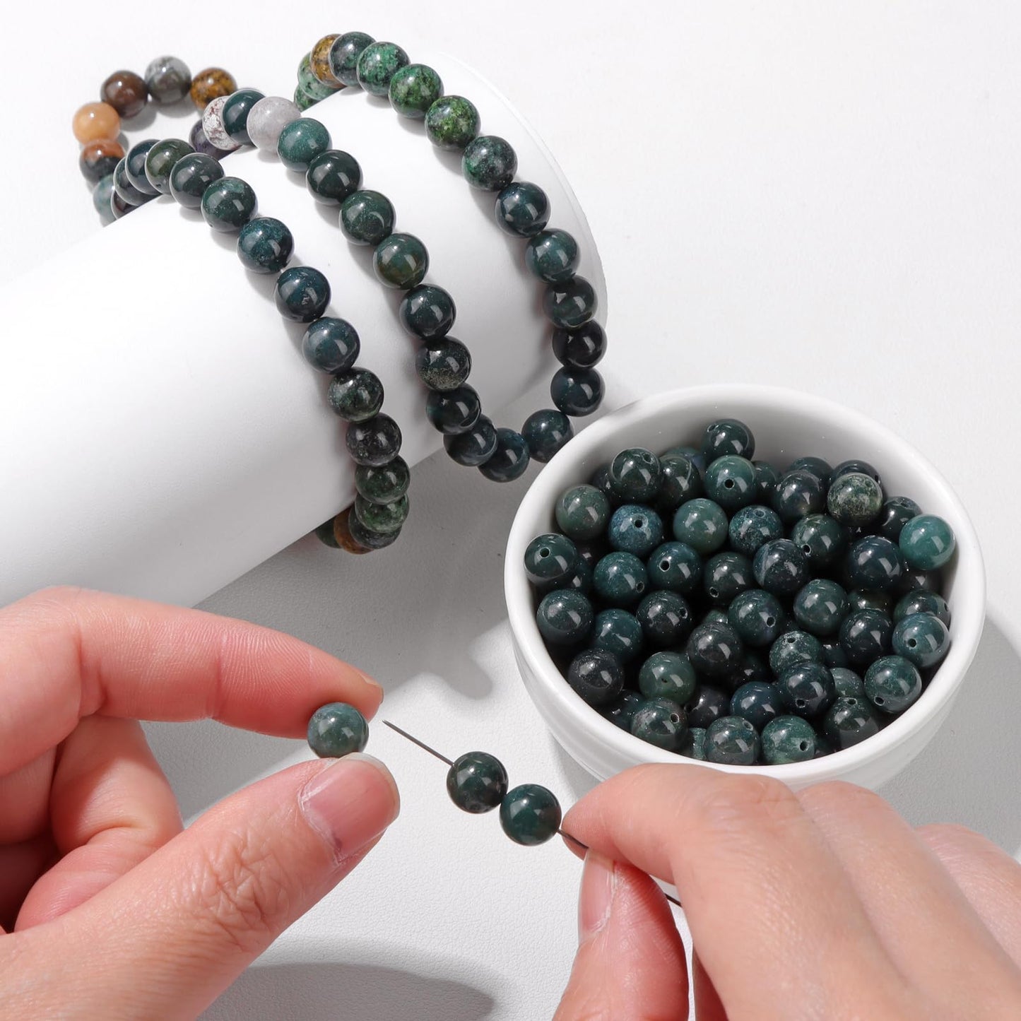 Risyfjew 50PCS 8mm Natural Moss Agate Beads Gemstone Round Loose Beads for Jewelry Making Chakra Crystal Stone Beads for Bracelets Necklace Earrings Making Supplies (50pcs/Strand)
