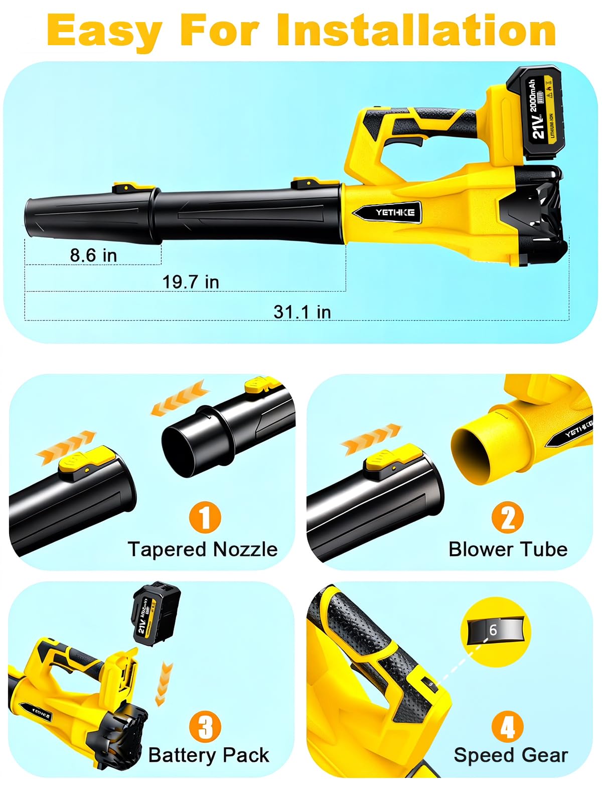Leaf Blower Cordless, 21V Powerful Electric Blower with 2*4.0Ah Batteries & 1*Fast Charger, 6 Speed Modes, Handheld Lightweight Leaf Blowers for Lawn/Patio/Dust/Leaves, Gift Goggles & Earplugs-Yellow
