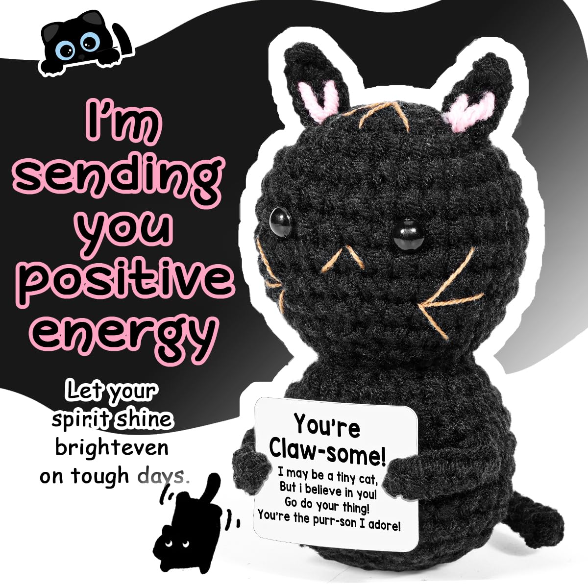 AICase Positive Black Cat Crochet Animals Emotional Support Nuggets Inspirational Knitted Unique Small Decorations Birthday Gifts for Women Men Her Him Sister Mom Dad Girls Boys Fans