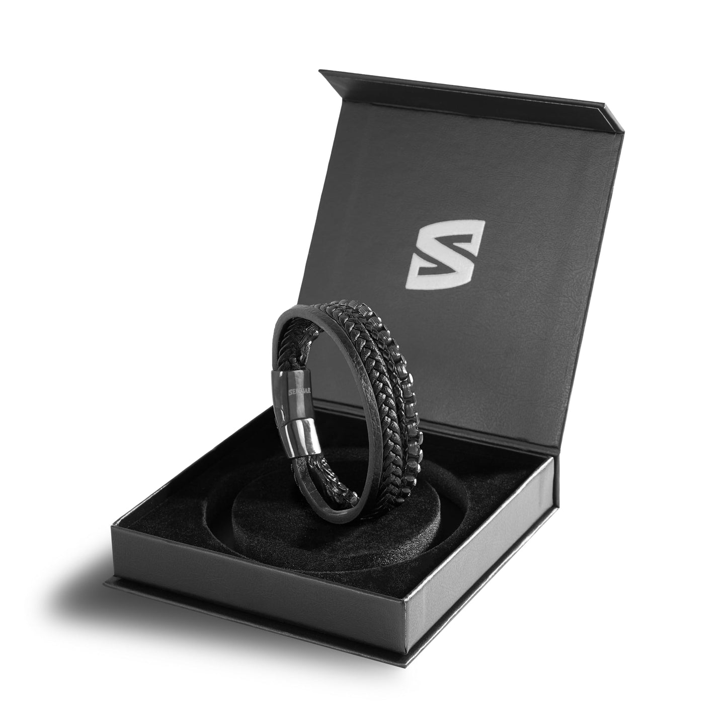 SERASAR Pulsera de cuero negro para hombre 23cm negra Hombres Caja regalo genuino Trenzado Multicapa Abrigo Pulseras masculinas Joyas magnéticas