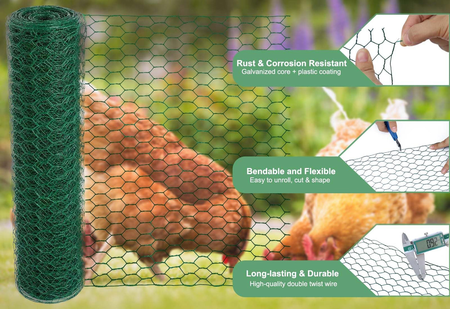 Mklsit Chicken Wire 15.7 x 315 Inches Chicken Wire Fencing Mesh Green PVC Coated Floral Chicken Wire for Crafts Poultry Garden, Hexagonal Galvanized Chicken Coop Rabbit Wire Fencing Netting