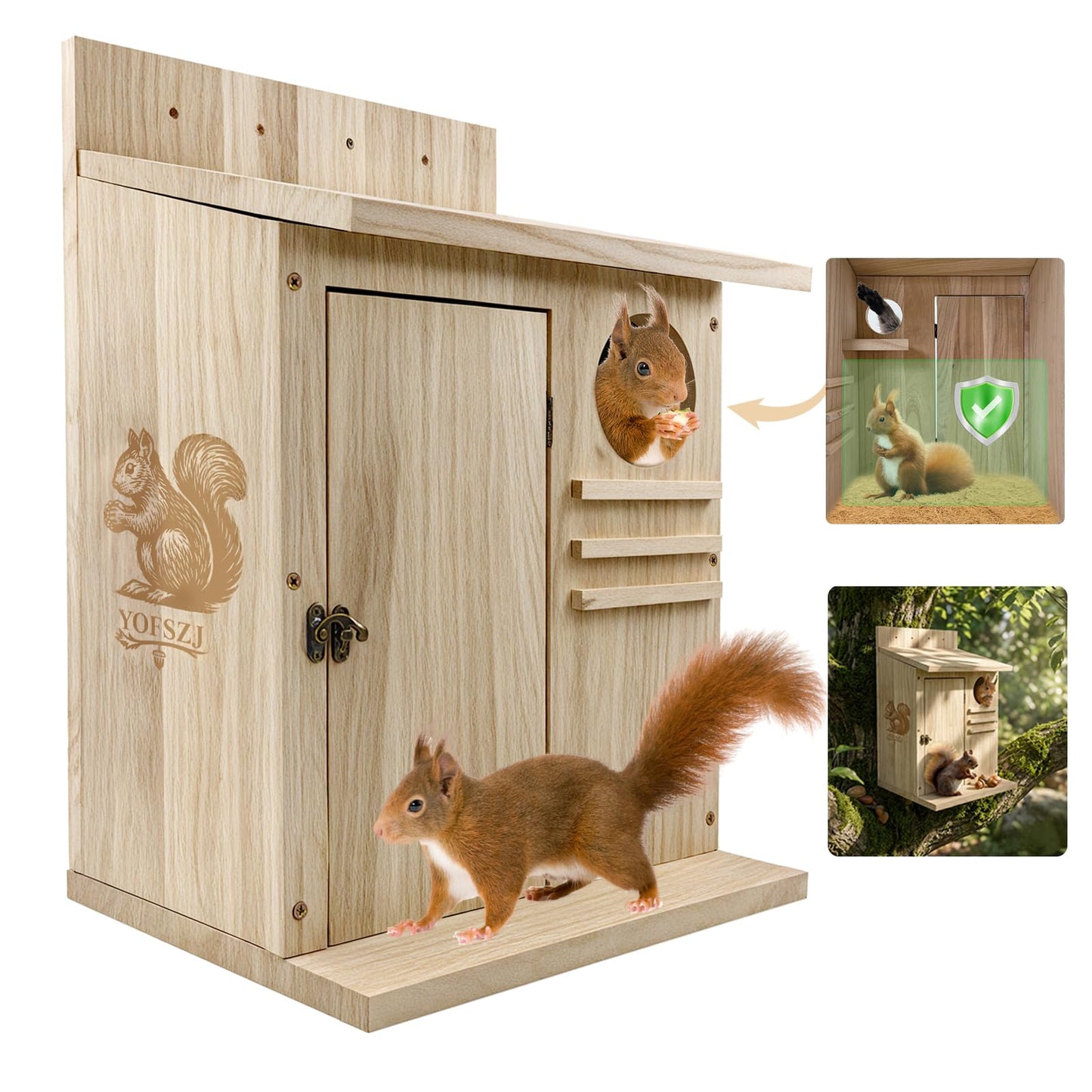 Large Squirrel House for Outside, Natural Wood Squirrel Nesting Box, Easy Installation Squirrel Shelter for Squirrels & Small Animals