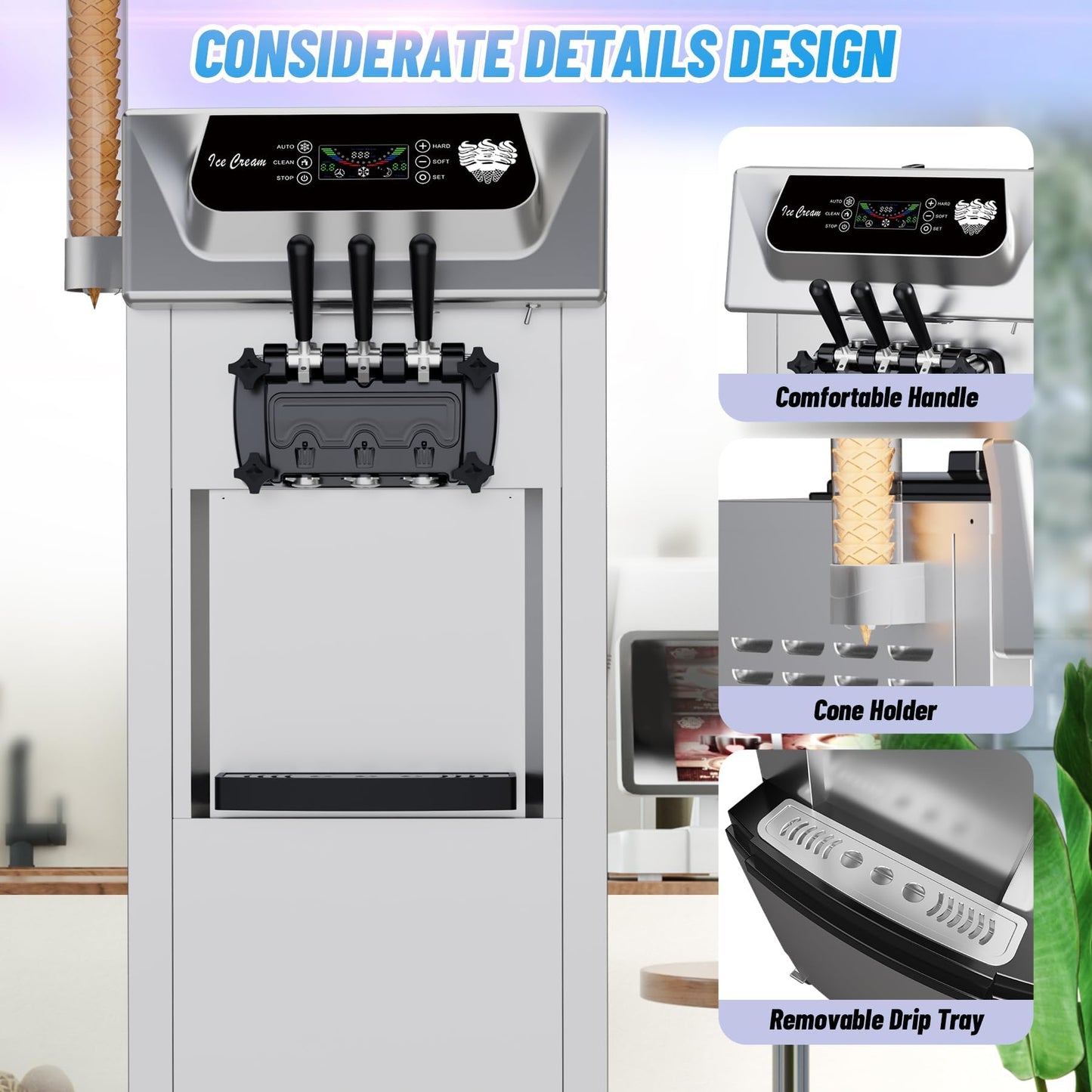 Commercial Ice Cream Machine 1+2 Flavor 2200W, 5.8-8 Gal/Hr Yield Vertical Soft Serve Ice Cream Machine With 2x7L Hopper 3 Dispensers, Auto Clean, LCD Display, for Restaurant Snack Bars Commerical Use