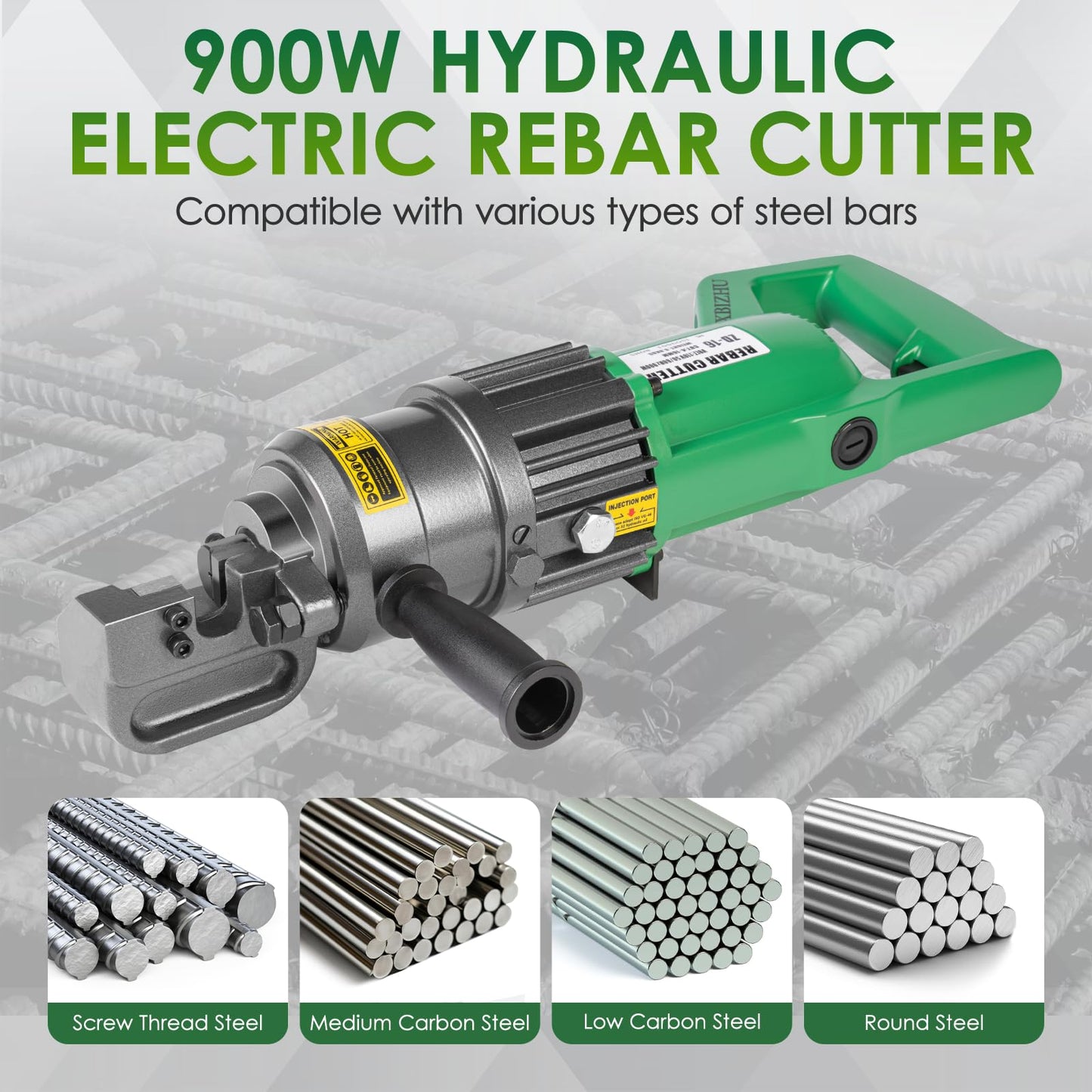 YIXBIZHU 900W Electric Hydraulic Rebar Cutter Aviation‑Aluminum 15bl Body Cuts 4‑16 mm (#3‑#5) Steel Bar in 1.5 s, Adjustable Jaw, One‑Button 110 V Portable Cut‑Off Tool（ZD‑16 ）