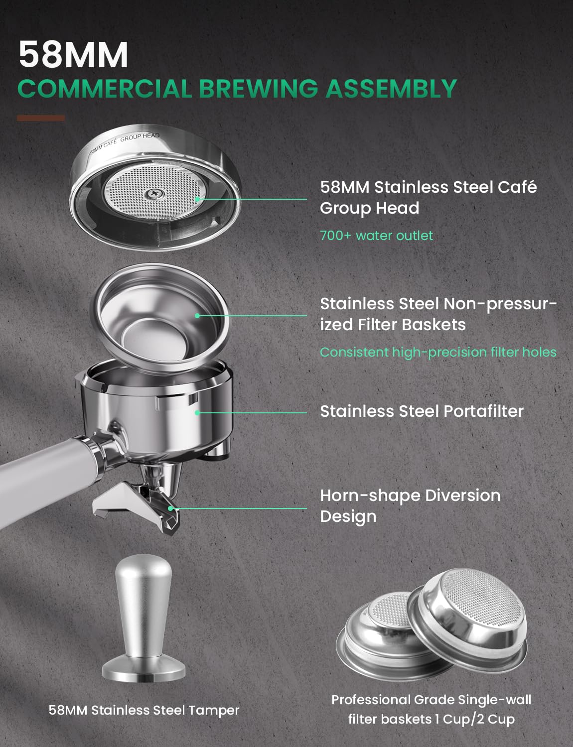 COUPLUX Espresso Machine, 58MM Professional Espresso Machine with Grinder Powerful Milk Frother Steam Wand 15 Bar Espresso Coffee Machine For Home Cappuccino & Latte Machine Stainless Steel