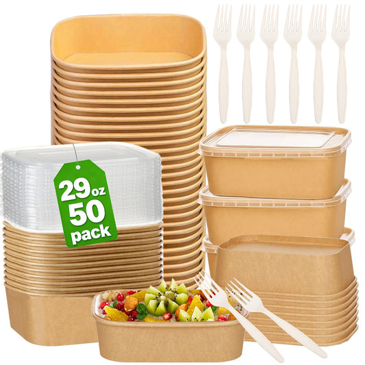 50 Pack 29Oz Disposable Meal Prep Containers With Lids and Forks-Disposable Kraft Paper Bowls-to go food containers-Microwavable and Freezer Safe Take Out Containers for Hot/Cold Food Prep and Salad