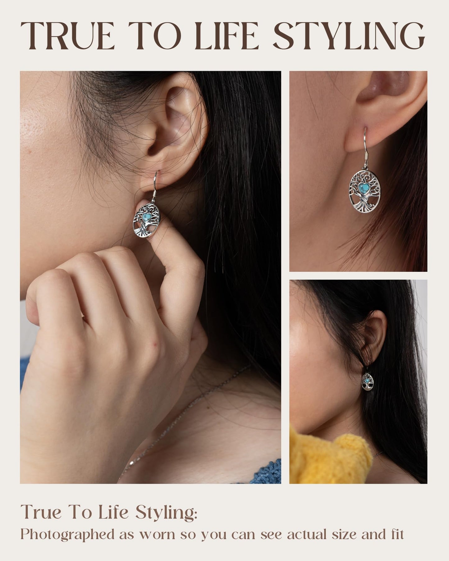 S925 Sterling Silver Turquoise Dragonfly Sunflower /Hummingbird/Butterfly/Cross/Anchor Earring Vintage Bohemian Jewelry Natural Drop/Stud Earrings Birthday Jewelry Gifts for Women (Turquoise Tree of Life Earrings)