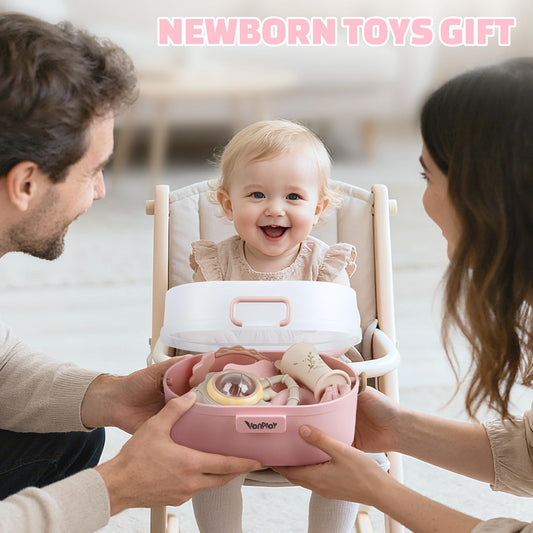 Baby Toys 0-6 Months, Baby Rattles, Teething Toys 3-6 Months, Infant Toys 6-12 Months, 10PCS Pink Sensory Rattles & Teethers with Storage Box, Newborn Shower Gift Girl