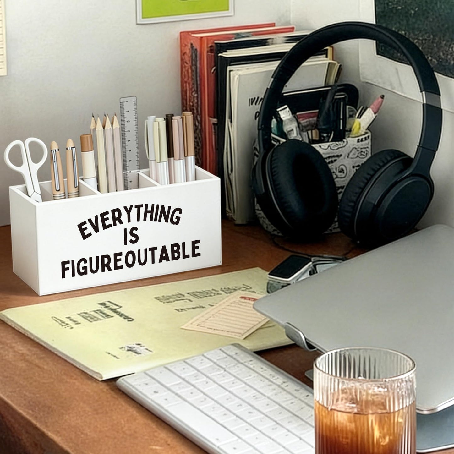 SkyCozy Inspirational Everything Is Figureoutable Pen Pencil Holder for Desk, Inspirational Gifts for Women Men, Motivational Wooden Box Sign Decorations for Home Office Workplace Desk Tabletop