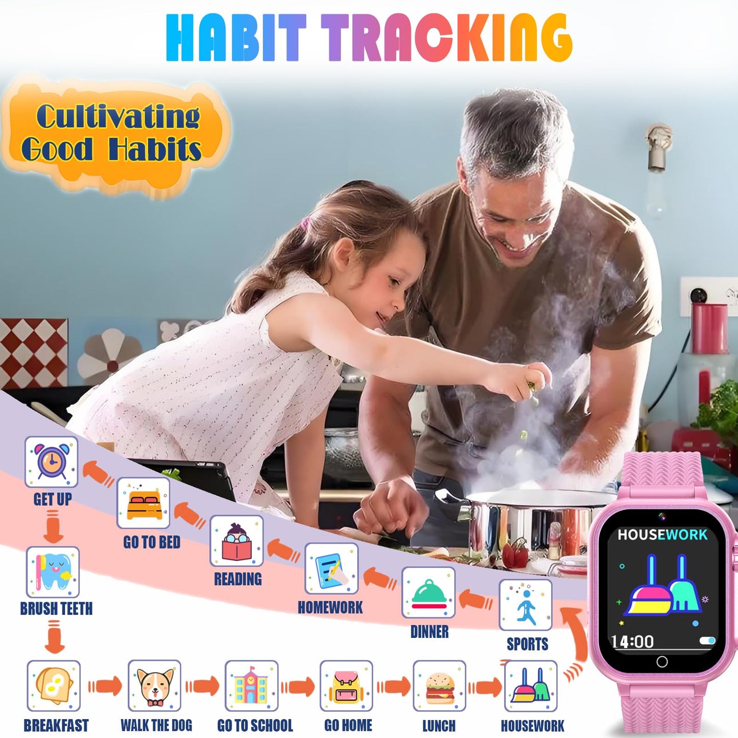 Goodatech Kids Smart Watch for Boys Girls, 1.54'' Smartwatch with 26 Puzzle Games, HD Camera, Video Music Player, Pedometer, Flashlight, Audio Book, Aluminum Case and Sport Band (Pink)